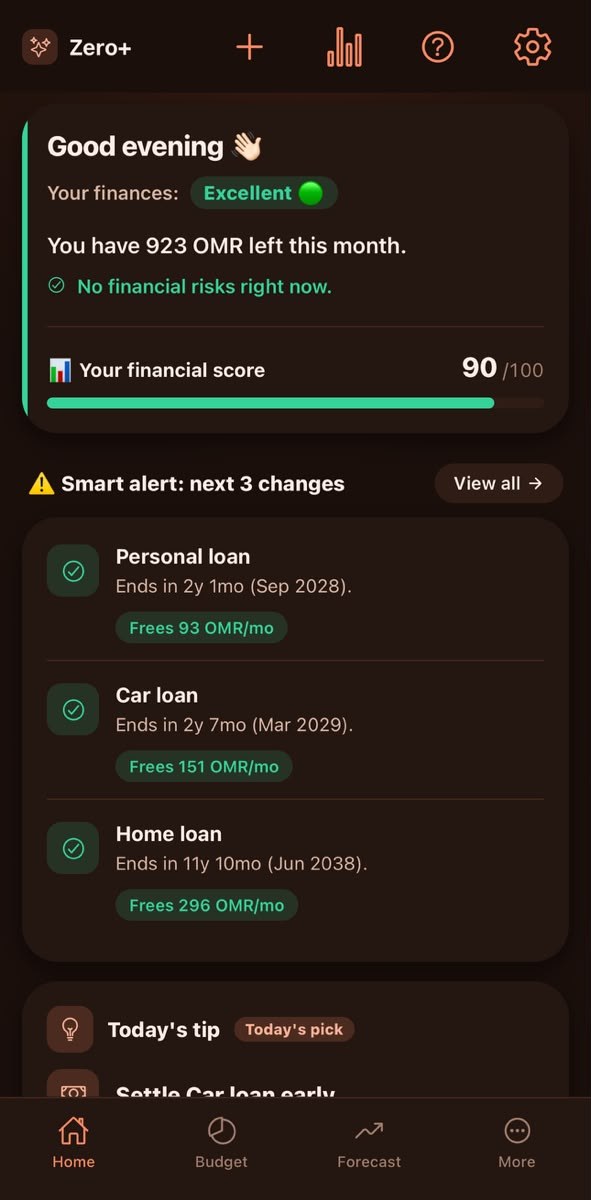 Zero+ home screen: financial status, score of 90, and the next three changes to the budget
